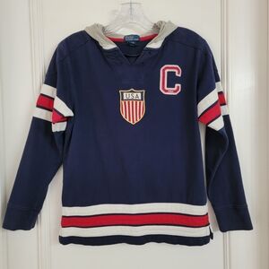 Polo Ralph Lauren Boys Navy Hooded USA Patch Rugby Hockey Stripe Shirt. M 10-12